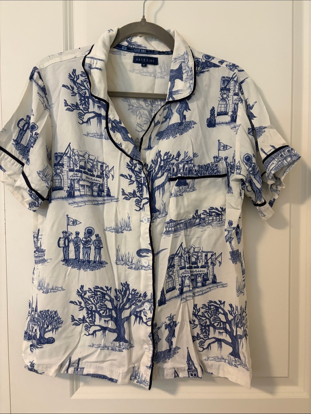 Katie K White & Blue Scenic Short-Sleeve Button-Down Sleep Shirt